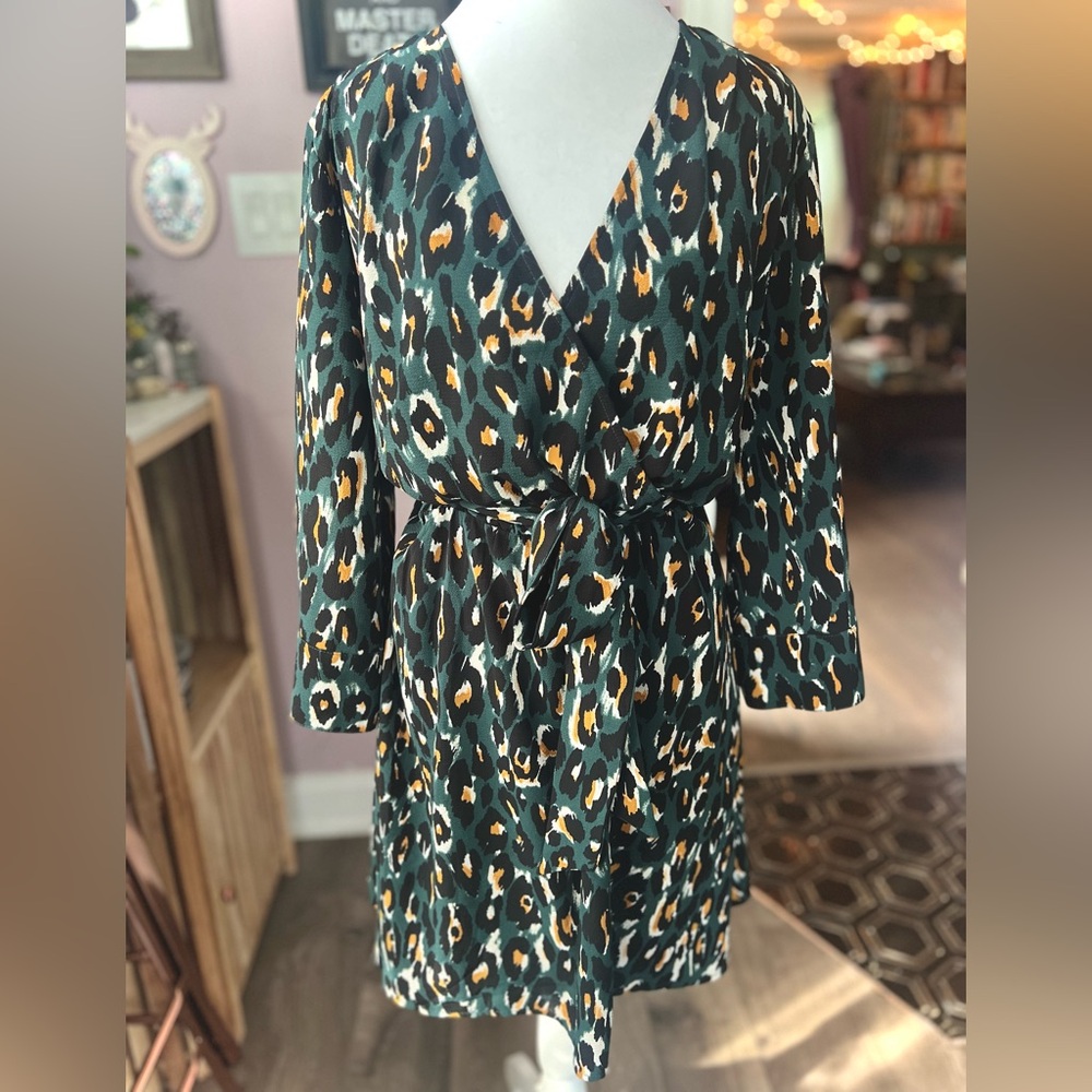 Express Green & Yellow Leopard Print Long Sleeve Dress